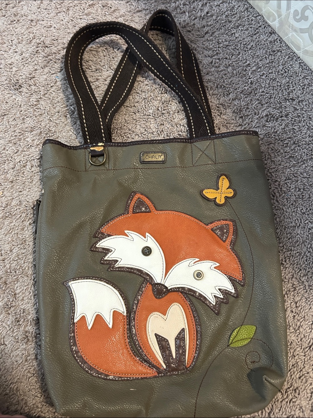 Chala Olive and Orange Fox Appliqué Tote